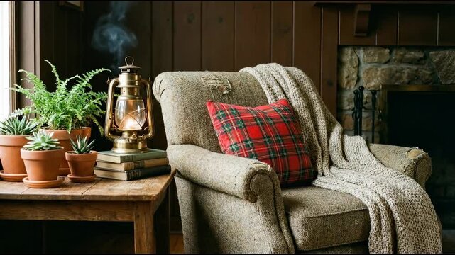 Cozy rustic interior featuring armchair, glowing lantern, potted plants, and stone fireplace.