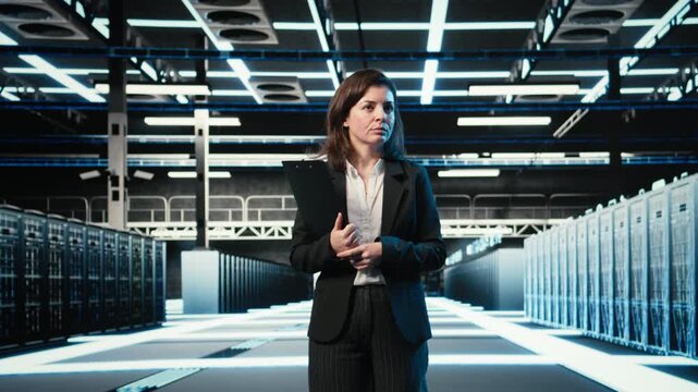 Inspecting hardware, blue wireframe mesh rackmounts and manager in data center. Looking at AR data streams, digital twin simulation and system administrator walking through server hub rows, camera A