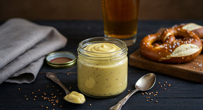 small rustic jar of creamy mustard & beer mayo