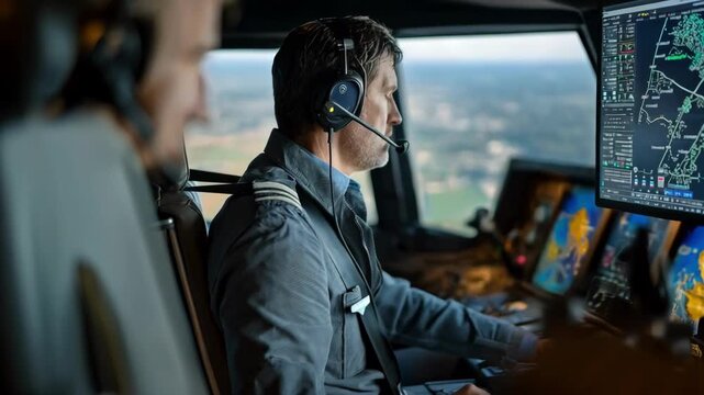 Medium shot of a specialist using AIdriven decongestion tools to manage and reroute air traffic ensuring smooth and safe skies.