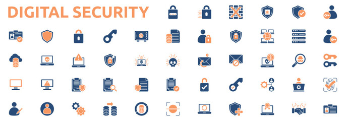 Digital Security icon set two color style with password, encryption, firewall, antivirus, secure, login, logout, two factor, biometric, identity, authentication icons © Ponisih