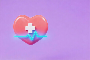 Obraz premium 3D rendered illustration of a pink heart with a white cross and blue EKG line, set against a purple background. Represents medical care, healthcare, and vital signs.