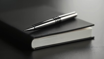 Metal pen rests on black notebook surface. Blank pages ready for writing ideas or notes. Clean elegant stationery composition for business or personal use.