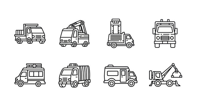 Set of eight line art utility and service trucks icons including tow truck, garbage truck, delivery van, and crane truck, perfect for construction and transport design