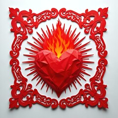 Fototapeta premium Red sacred heart with flames and ornate border. This sacred heart decoration looks like papel picado. Used for Day of Dead, Mexican holiday, or religious event.