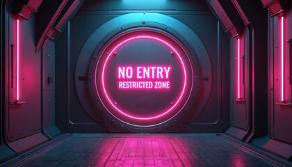 Fototapeta premium Futuristic corridor with neon pink NO ENTRY RESTRICTED ZONE sign. Dark industrial tunnel glow invites exploration of secure areas. Access denied.