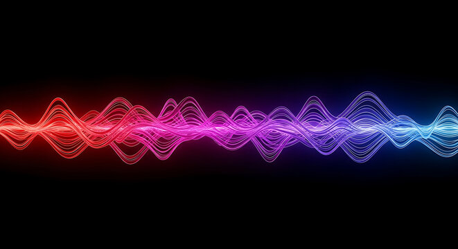 dynamic red to blue gradient sound waves undulating on dark background visualizing digital data energy and audio technology concepts.
