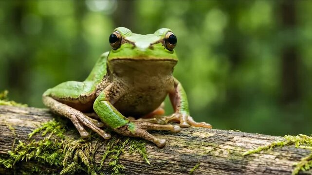Vibrant green tree frog resting on mossy log in natural forest setting