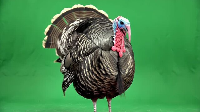 A Realistic Domestic Turkey Stands Still on a Green Screen Background Showing Detailed Feathers and Vibrant Blue and Red Neck
