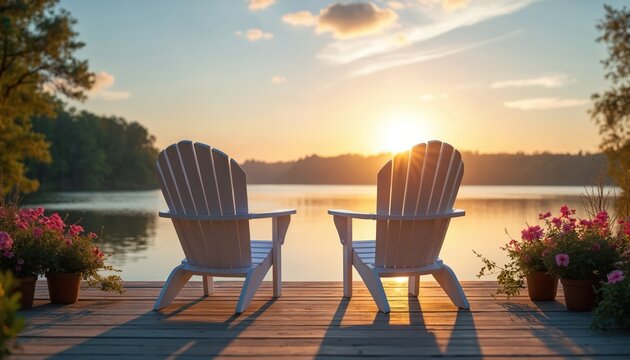 Two white adirondack chairs on wooden deck by lake at sunset. Peaceful water view with trees and flowers. Ideal for relaxation and vacation themes.