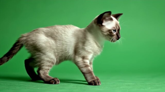 A Siamese Kitten Walks Cautiously Full Body On A Green Screen Background With A Detailed Realistic Texture