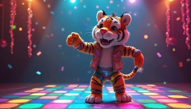 Cartoon tiger dances with joy at a disco party at night. Happy cat wears sparkly clothes, enjoys music and confetti. Festive animal character celebrates on a colorful dance floor.