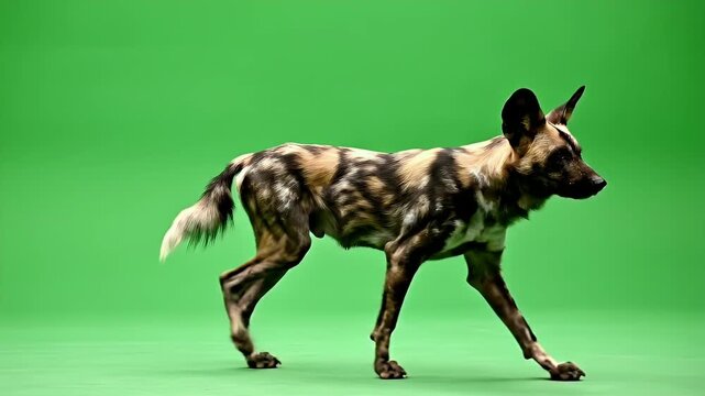 African Wild Dog Walking On Green Screen Background Full Body Shot