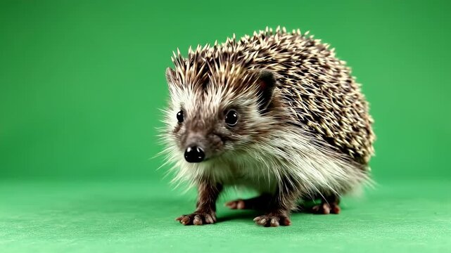 A Small Hedgehog Stands Still on a Green Background Facing the Camera
