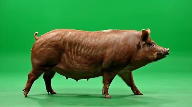 Brown Pig Walking Slowly With Short Strides Across a Green Screen Background