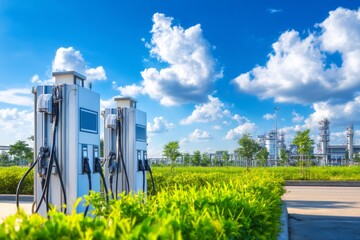 Modern Energy Station with Charging Facilities Under Clear Blue Sky