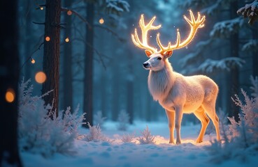 Obraz premium White deer stands in snowy forest with glowing antlers. Magical winter woods, fairy lights on trees. Peaceful atmosphere, gentle animal in nature scene.