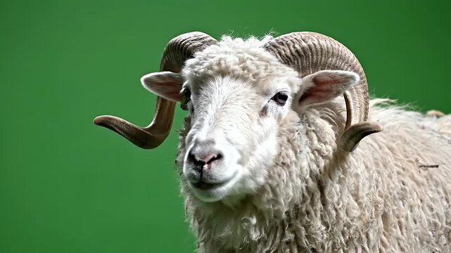 Close Up Realistic Sheep Head With Detailed Wool Texture and Large Curved Horns On A Vibrant Green Background