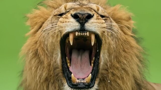 Powerful male lion roaring with open mouth and sharp fangs against a solid green background