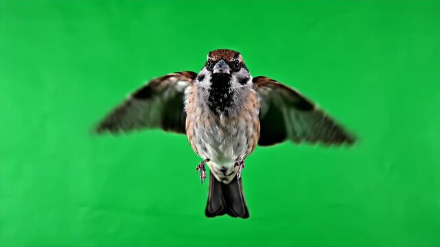 Close Up Realistic Sparrow Flapping Wings Isolated on Green Screen Background