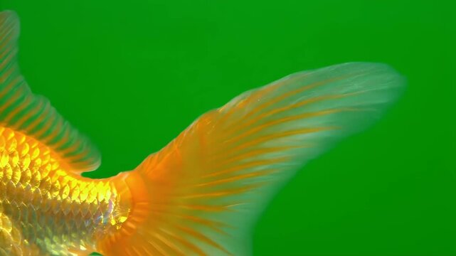 Detailed Close Up Of A Realistic Goldfish Tail Fin Anatomy With Visible Rays And Scales Against A Vibrant Green Screen Background Ideal For