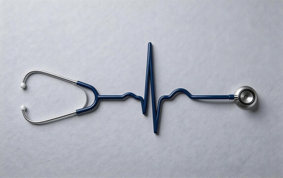 Stethoscope creatively shaped into an EKG (ECG) line on a plain light background, symbolizing medical diagnosis, heart health, and healthcare technology integration.