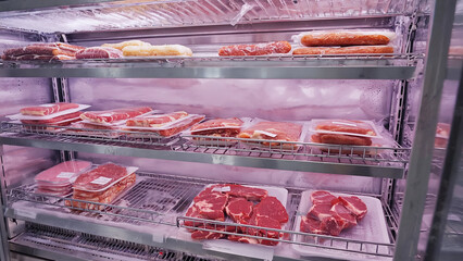 Variety of fresh meats displayed on shelves in a refrigerated storage unit