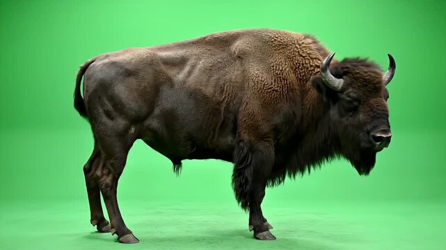 Majestic American Bison Stands Still Full Body Profile on Green Screen Background Detailed Fur Texture