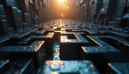 Fototapeta premium Dark metallic maze pathway recedes into bright light. Sharp geometric shapes form walls, wet surfaces reflect orange glow. Endless structure, challenge, mystery, digital design.