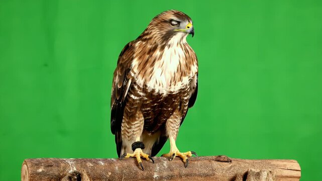 Majestic Rough-Legged Buzzard Bird Perched Calmly On Wooden Branch Against A Vibrant Green Screen Background
