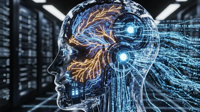 Advanced artificial intelligence humanoid robot brain interface showcasing futuristic technology and machine learning capabilities with neural network integration.