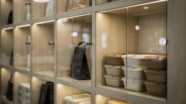 Medium shot of a welllit ambient shelving area where different takeout orders are arranged the front cubbies crisp and the rest gently out of focus