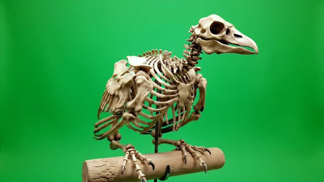 Realistic Bird Skeleton Perched on a Log Against a Vibrant Green Screen Background