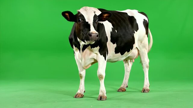 Realistic Black and White Cow Foraging on Green Screen Background Seamless Loop