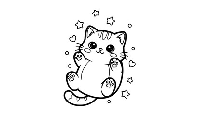 Kawaii Cute Cat Coloring Page for Kids Chubby Kitten Outline Illustration © Hanif