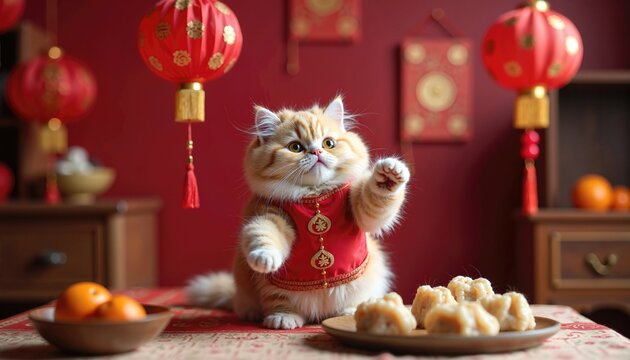Fluffy ginger cat in red traditional vest reaching for dumplings. Pet at a festive dinner table decorated with lanterns for Lunar New Year.