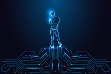 Cyber identity, smart tech, futuristic human-machine connection. Digital man stands on circuit board © Inna