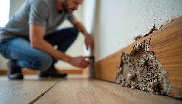 Man inspects damaged baseboard showing termite tunnel damage. Worker checks for pest infestation in home interior wood structure. Problem with insect damage in house.