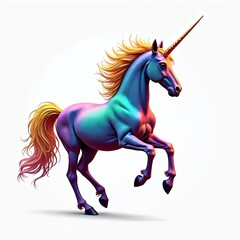 Obraz premium Mythical unicorn gallops with rainbow colored body and golden mane. Creature has single horn, moves with speed and power, isolated on white background.