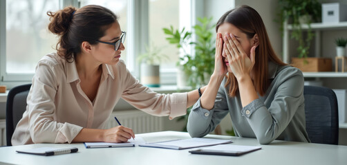Woman comforts distressed colleague at office desk. One woman supports another who is crying. Teamwork and mental health support in workplace environment.
