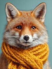 Fototapeta premium Red fox in mustard yellow scarf minimalist wildlife photography