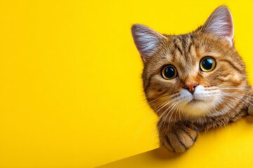 Obraz premium Colorful Cat Face Peeking from Yellow Background in Playful Space