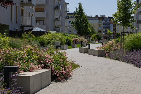 Modern residential complex with landscaped courtyard garden, urban landscape design featuring paved walkway, greenery and blooming flowers in contemporary city housing development