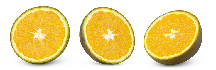 Halves of chocolate orange isolated collection. Half of chocolate brown navel orange set, clipping path.