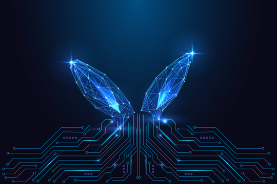 Digital Bunny Ears over circuit board. Cute Tech, AI Characters and Futuristic Entertainment Vector