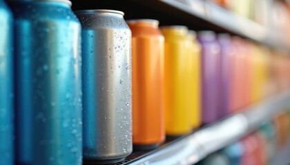 Colorful aluminum beverage cans with condensation line up on a supermarket shelf. Variety of metallic drinks in different hues offer refreshment. Close-up view on refreshing cold drinks.