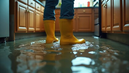Person wears yellow boots wading through flooded kitchen. Water covers floor near cabinets and appliances. Reflections show submerged room surfaces.