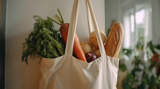 Reusable grocery bag filled with fresh produce and bread hanging on a hook.