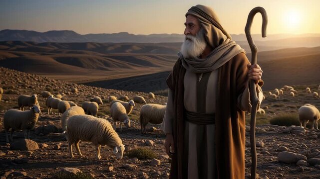 Elderly shepherd standing with a wooden staff and a flock of sheep in a desert landscape at sunset. Biblical character watching over a grazing herd in arid mountains during golden hour