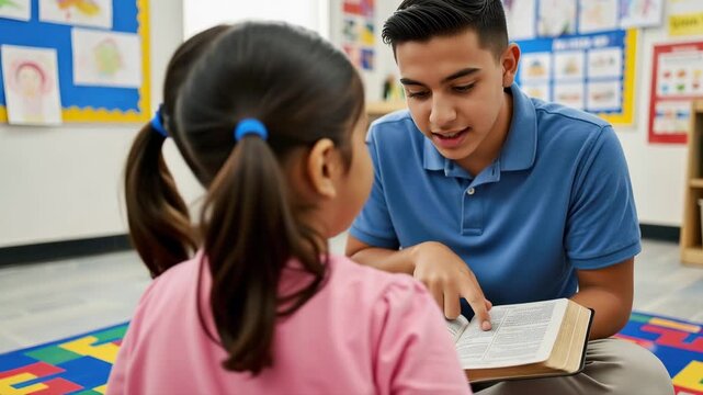 Hispanic teacher reading a book to a young student in a classroom. Male tutor pointing at text in a bible while teaching a child in Sunday school. Education and mentorship concept